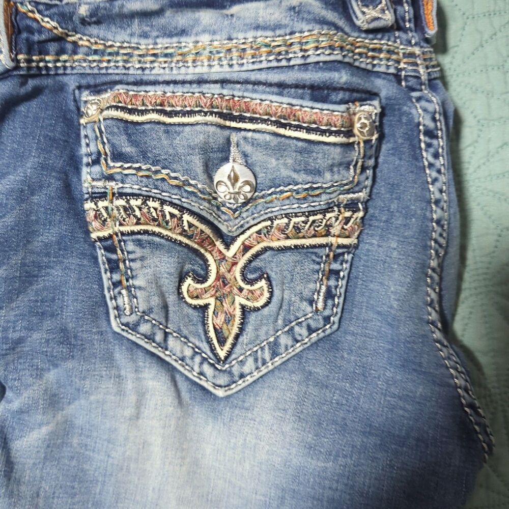 Rock Revival Felina Jeans Easy Crop Sz 28 Women’s Blue Distressed Embroidered - Picture 6 of 15